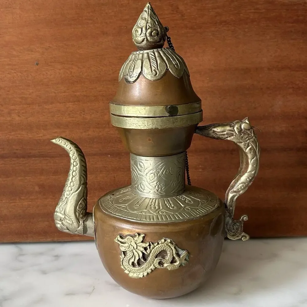 Vintage Tibetan Style Metal Dragon Decanter Pair MCM Asian Boho Home Decor
